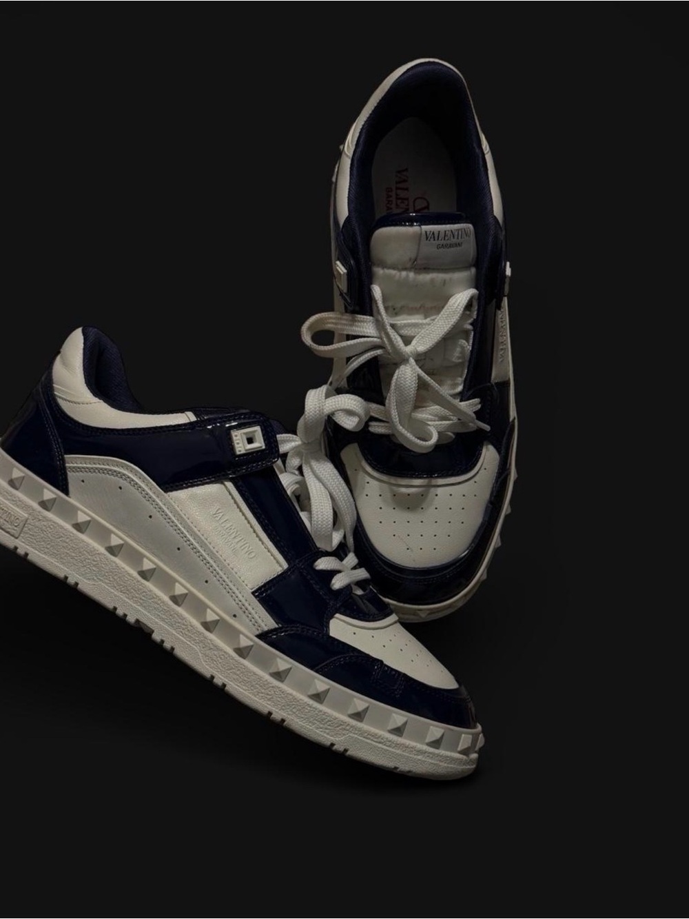 Valentino Garavani White and Navy Rockstud Low-Top Sneakers